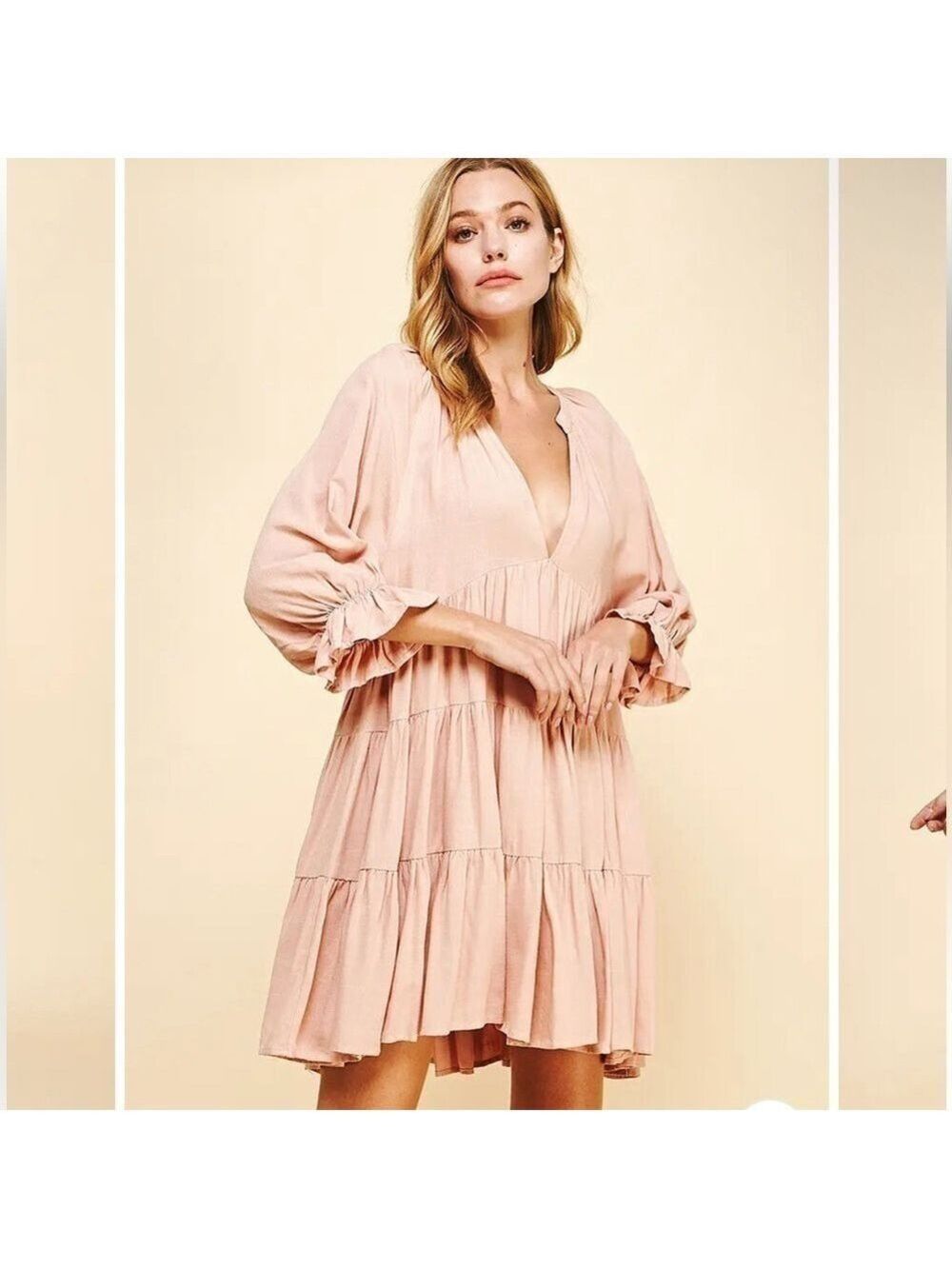NWT Pinch deep v-neck tiered mini dress 3/4 sleeve dusty pink size M bohemian